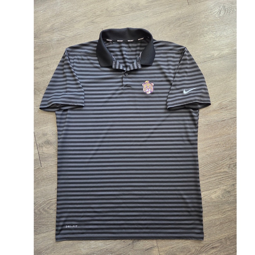 Nike Golf Polo Mens Medium LSU Mike The Tiger Dri-FIT Striped Shirt